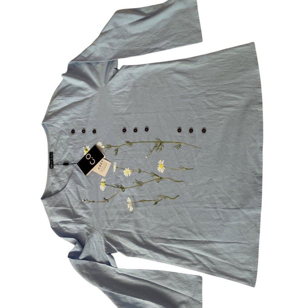 C.O.Z.Y Womens Light Blue Long Sleeve Top With Daisy Print & Button Details - Si